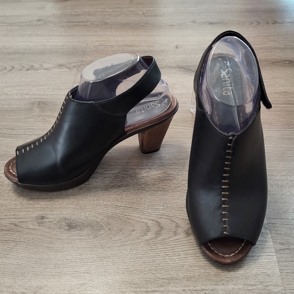 Sanita Black Leather Slingback Clog Sandals Wood Block Heel Boho Size 8.5 EU 40